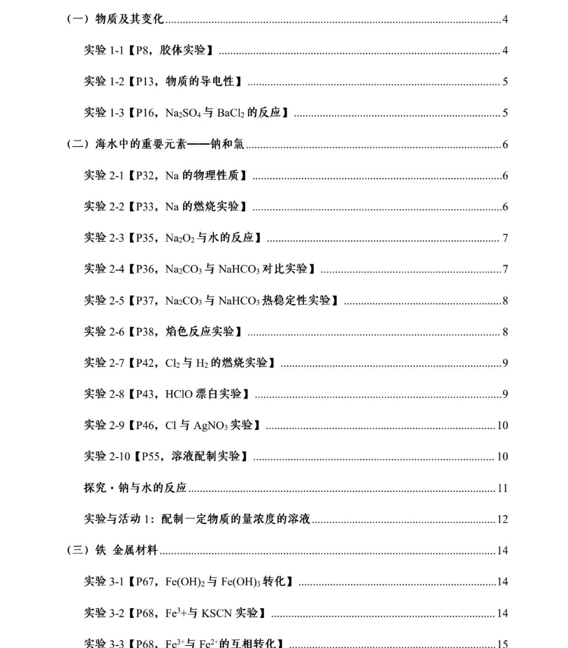 2026版高中化学课本内所有实验合集必修1