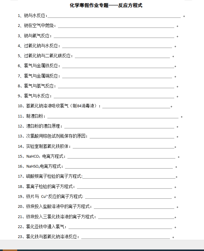 高中化学必修一全部方程式默写 化学必修一方程式默写