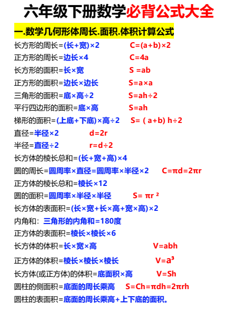 2026春1-6年级下册数学【必备公式汇编速查手册】