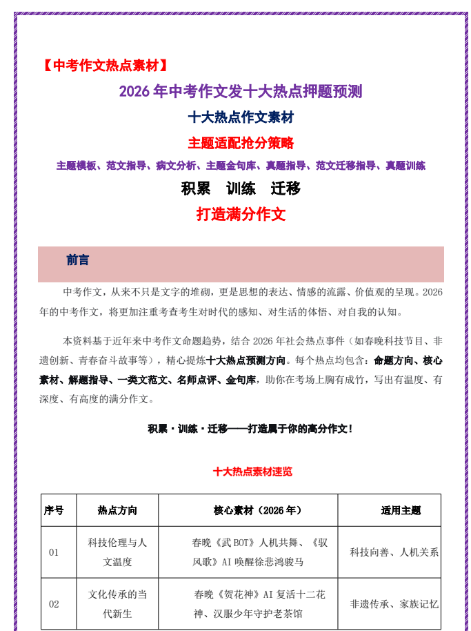 2026年中考作文发十大热点押题预测+作文热点素材命题运用与范文抢分全攻略（全国通用）