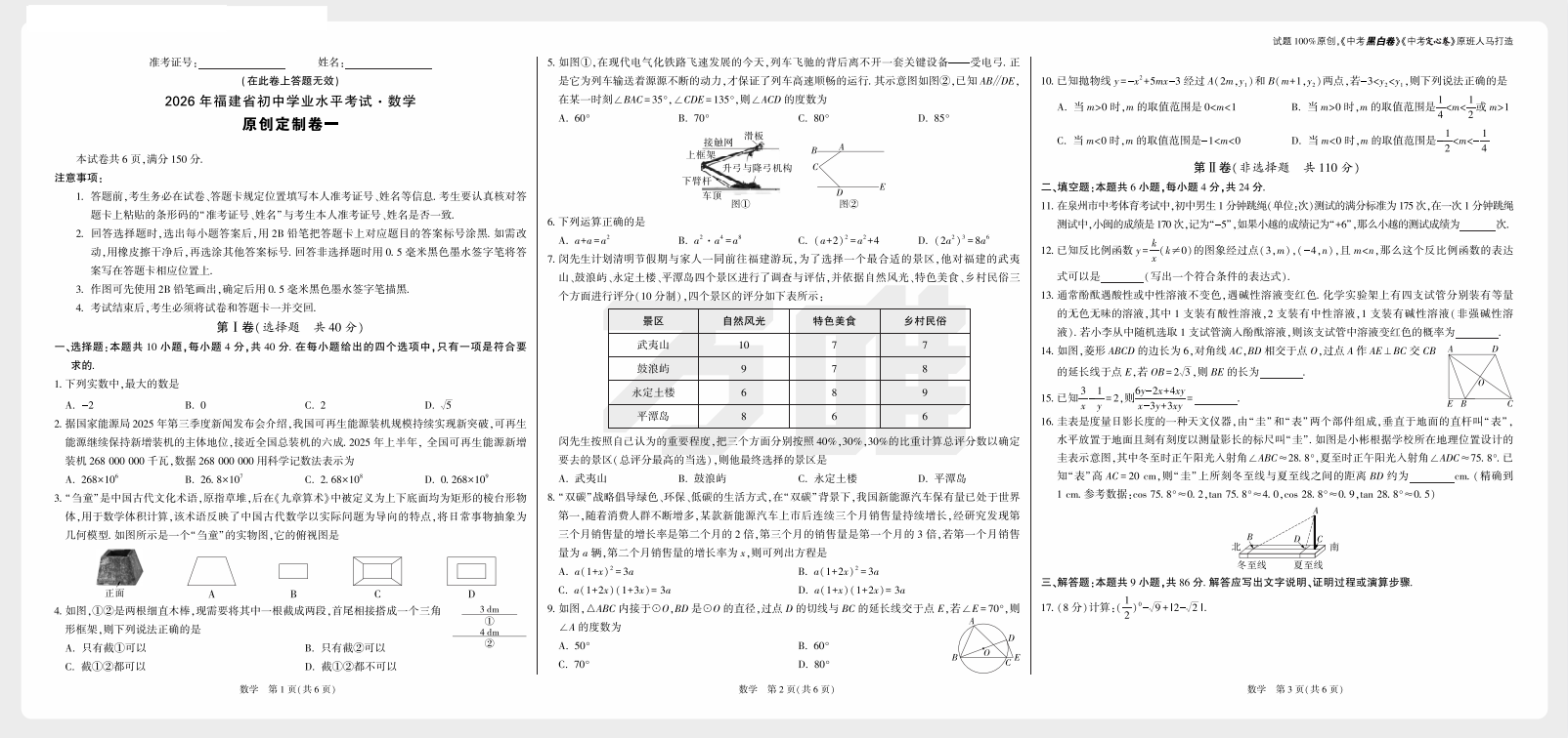 2026《万唯•原创定制卷》（中考）（语数英物化）（福建版）