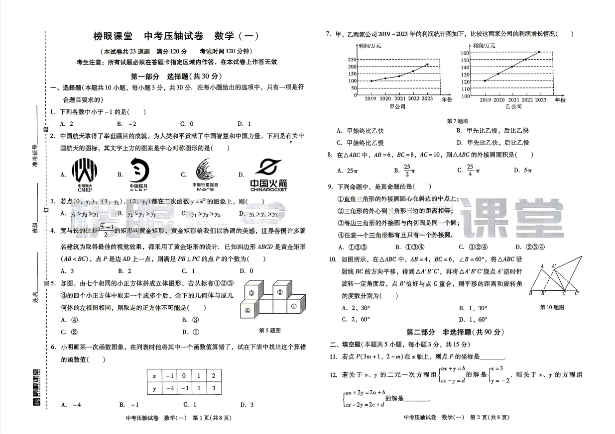 2026版中考《榜眼课堂•中考压轴试卷》7科全（辽宁版）