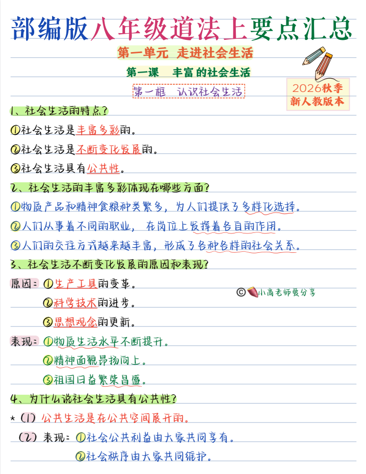 【暑假预习】2026版初中《核心笔记》8年级上册（8科全套）（人教）